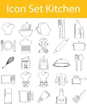 Drawn Doodle Lined Icon Set Kitchen Illustrazione stock