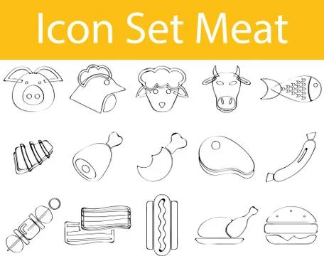 Drawn Doodle Lined Icon Set Meat Illustrazione stock
