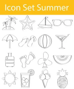 Drawn Doodle Lined Icon Set Summer Stock Illustration