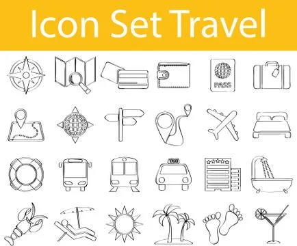 Drawn Doodle Lined Icon Set Travel イラスト素材