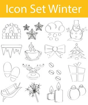 Drawn Doodle Lined Icon Set Winter Stock Illustration
