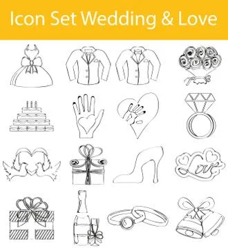 Drawn Doodle Lined Icon Set Wedding &amp; Love Stock Illustration