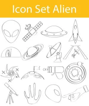 Drawn Doodle Lined Icon Set Aliens Stock Illustration