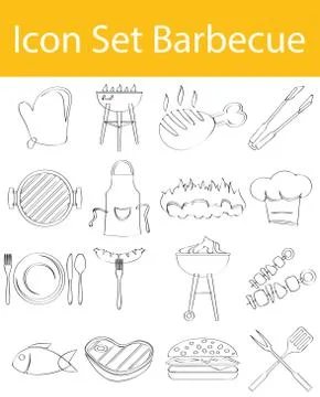 Drawn Doodle Lined Icon Set Barbecue Stock Illustration