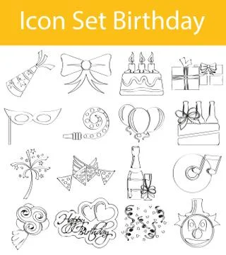 Drawn Doodle Lined Icon Set Birthday Illustrazione stock
