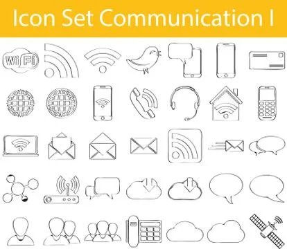 Drawn Doodle Lined Icon Set Communication I Stock Illustration