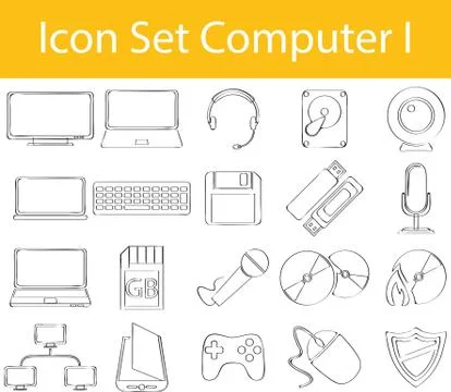 Drawn Doodle Lined Icon Set Computer I 스톡 일러스트