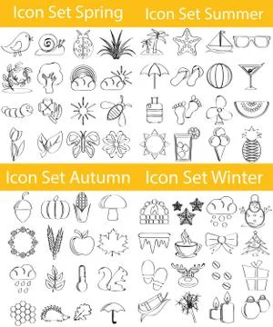 Drawn Doodle Lined Icon Set Four Seasons Illustrazione stock