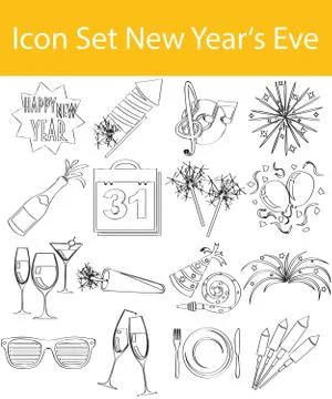 Drawn Doodle Lined Icon Set New Year's Eve Stock Illustration