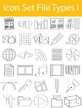 Drawn Doodle Lined Icon Set File Types Stock Illustration