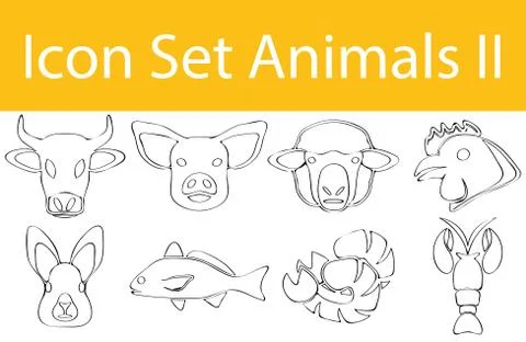 Drawn Doodle Lined Icon Set Animals II Stock Illustration