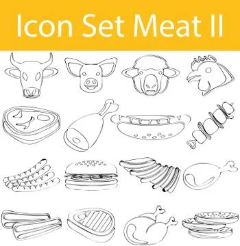 Drawn Doodle Lined Icon Set Meat II Stock Illustration