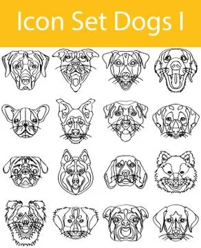 Drawn Doodle Lined Icon Set Dogs Stock Illustration