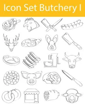 Drawn Doodle Lined Icon Set Butchery I 스톡 일러스트