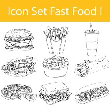 Drawn Doodle Lined Icon Set Fast Food I Stock Illustration
