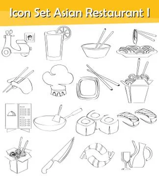 Drawn Doodle Lined Icon Set Asian Restaurant I Stock Illustration