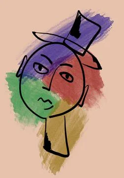 Drawn face of a person on beige background with multicolour spots, illustration Stock Illustration