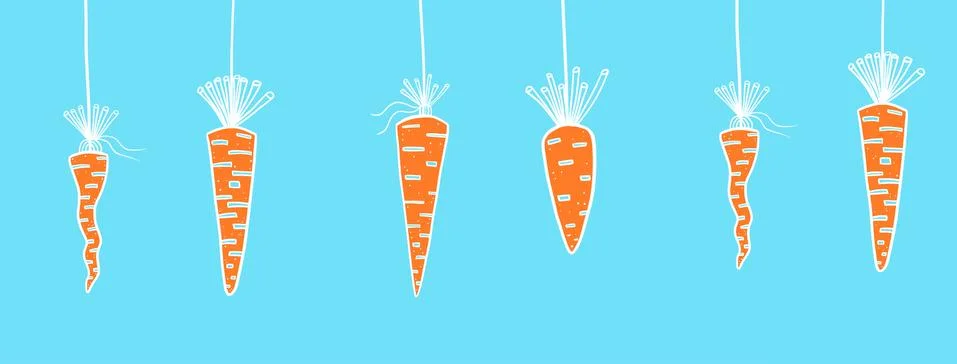 Drawn a few carrots dangling on a string on blue background Stockfoto's