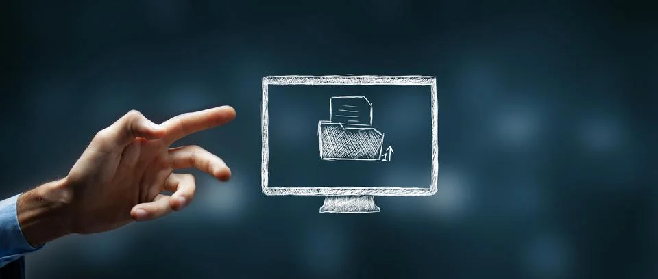 Drawn folder with a file in the computer. man presses the screen Stock Photos