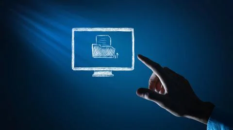 Drawn folder with a file in the computer. man presses the screen Stock Photos