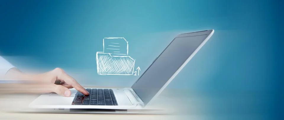 Drawn folder with file. man in front of laptop Stock Photos