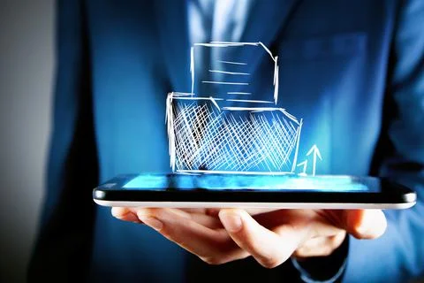 Drawn folder with file. a man holding a tablet Stock Photos