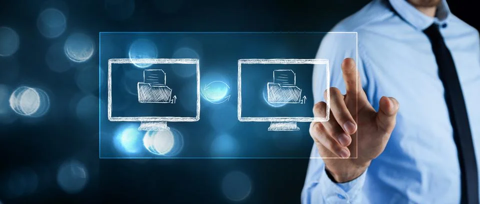 Drawn folders with a file in computers. data exchange. man presses the screen Stock Photos