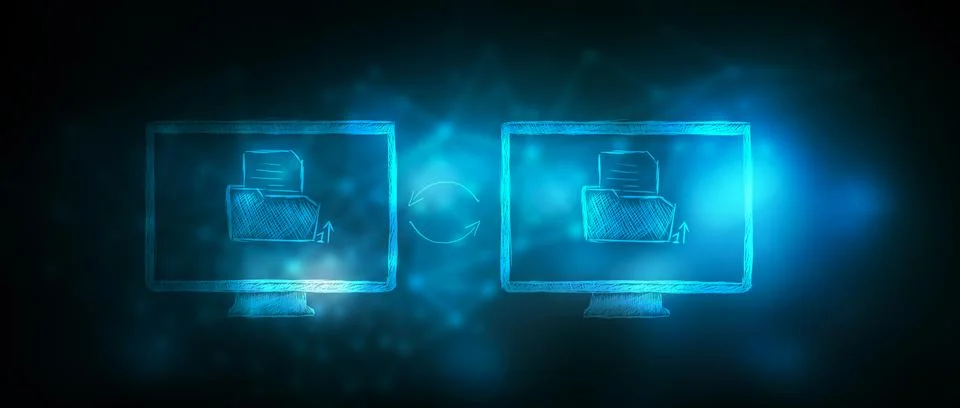 Drawn folders with a file in computers. data exchange Stock Photos