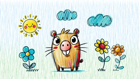 Drawn Funny Capybara on a Field of Flowers Stock Footage 340358418