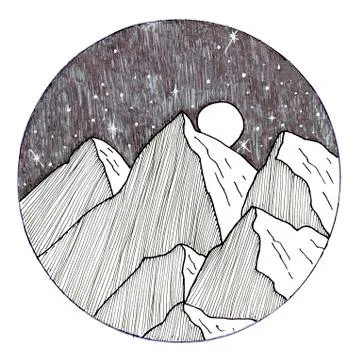 Drawn graphic mountains in circle Stock Illustration