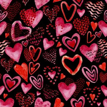 Drawn hearts on black pattern Stock Illustration