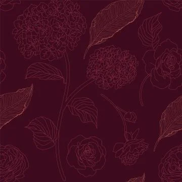 Drawn hydrangea, roses and leaves seamless pattern. Monochrome image of flowe Stock Illustration