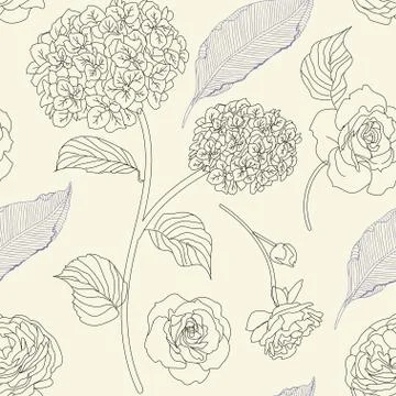 Drawn hydrangea, roses and leaves seamless pattern. Monochrome image of flowe Illustrazione stock