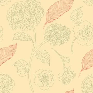 Drawn hydrangea, roses and leaves seamless pattern. Monochrome image of flowe Illustrazione stock
