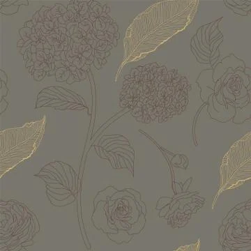 Drawn hydrangea, roses and leaves seamless pattern. Monochrome image of flowe Stock Illustration