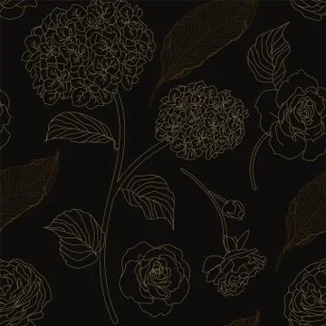 Drawn hydrangea, roses and leaves seamless pattern. Monochrome image of flowe Stock Illustration