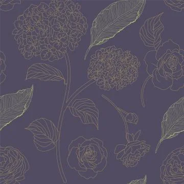 Drawn hydrangea, roses and leaves seamless pattern. Monochrome image of flowe Illustrazione stock