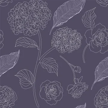 Drawn hydrangea, roses and leaves seamless pattern. Monochrome image of flowe Stock Illustration