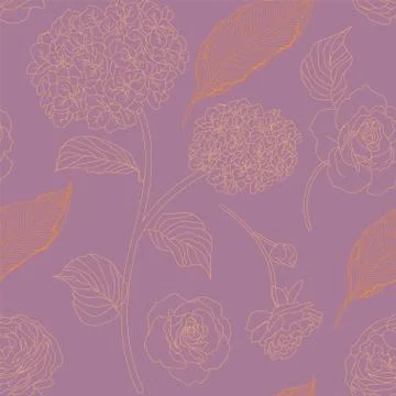 Drawn hydrangea, roses and leaves seamless pattern. Monochrome image of flowe Stock Illustration