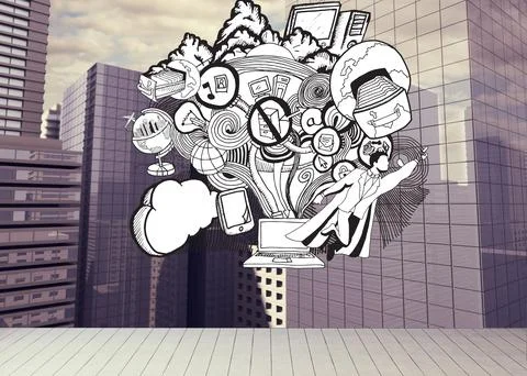 Drawn illustration on cityscape background Stock Photos