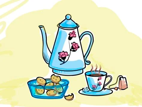 Drawn illustration with items for tea drinking Stock Illustration