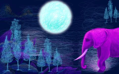 Drawn illustration of thin lines, night, big full moon, pink elephant, trees Stock Illustration