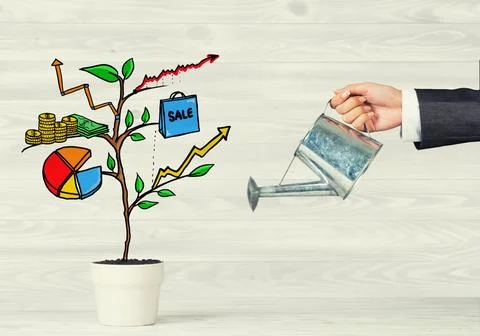 Drawn income tree in white pot for business investment savings and making money Stock Photos