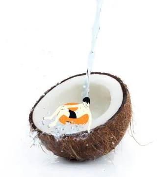 Drawn man on float in tropical coconut half Stock Illustration