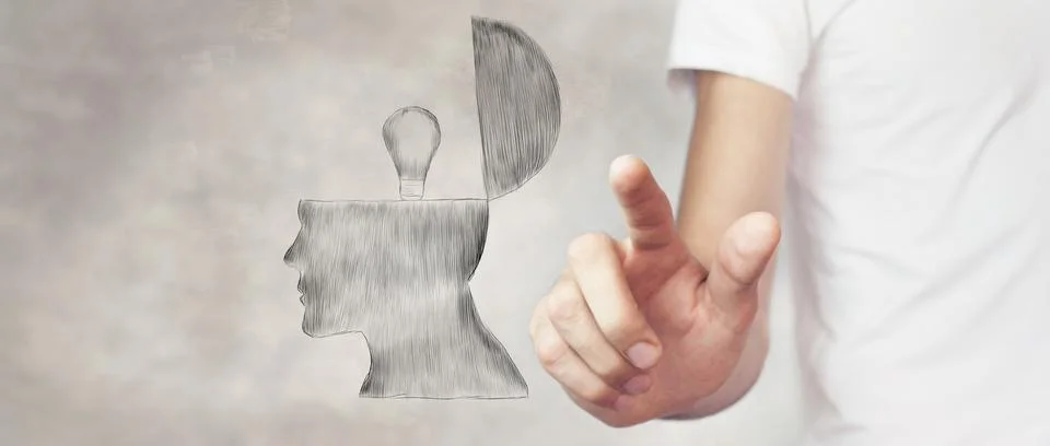Drawn man with an idea in his head. man tapping on the screen Stock Photos