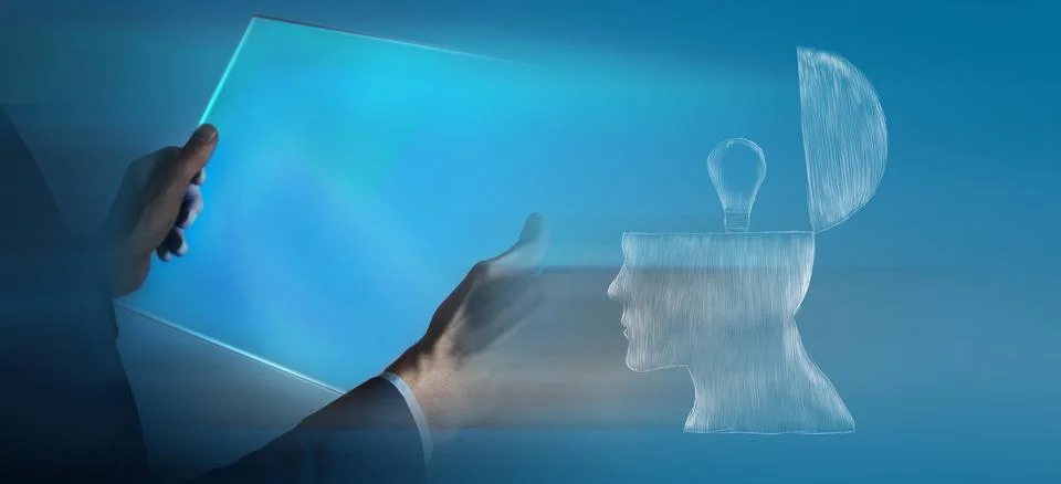 Drawn man with an idea in his head. man holding a tablet Stock Photos