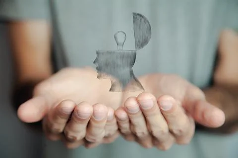 Drawn man with an idea in his head. man holding open palms Stock Photos