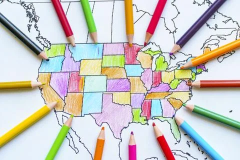 Drawn Map of the USA. Colored Map of America for Kids with Pencils Stock Photos