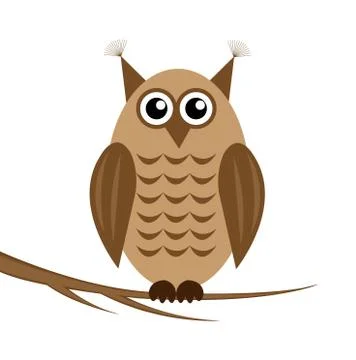 The drawn owl on a white background sits on the branch of tree Illustrazione stock