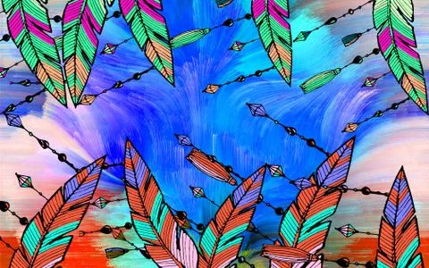 Drawn pattern, large multi-colored feathers, crystals and brushes Stock Illustration